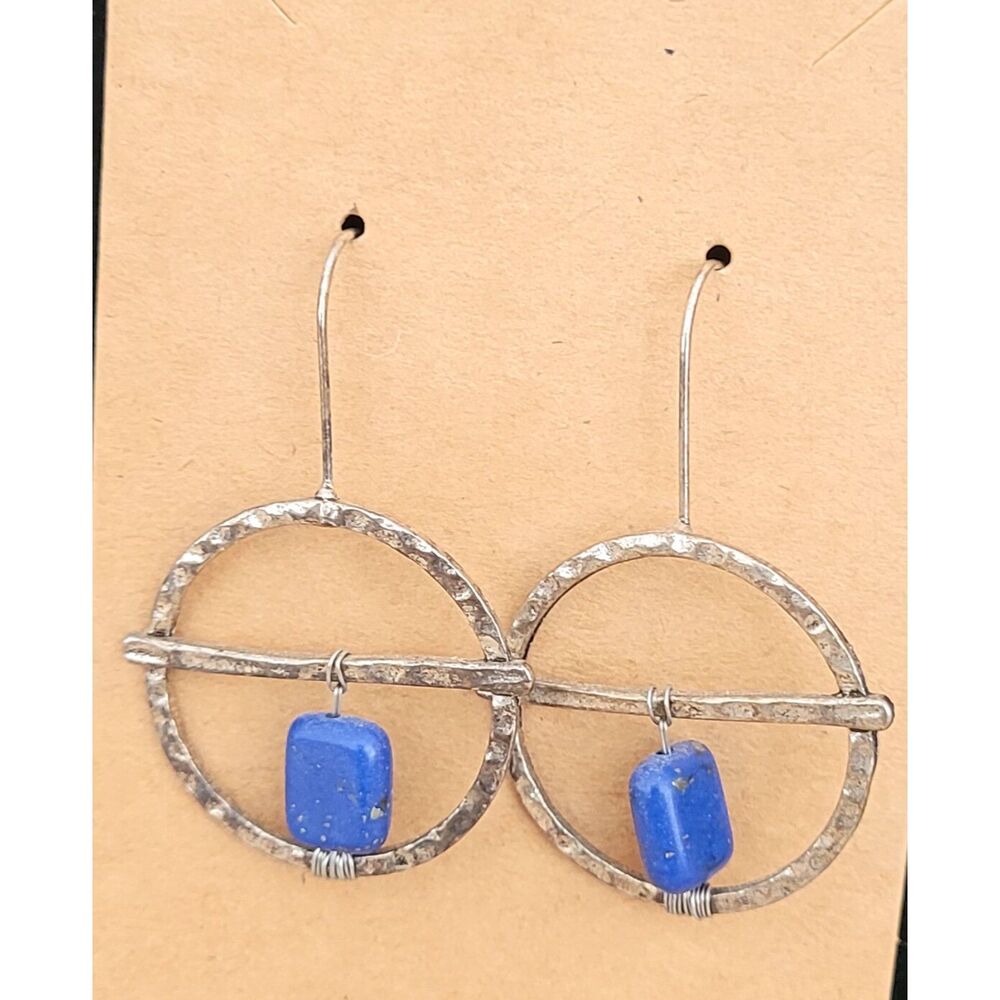 1-1/8" Round Dangle Earrings French Wire wrapped Lapis Rectangle Silver Alloy